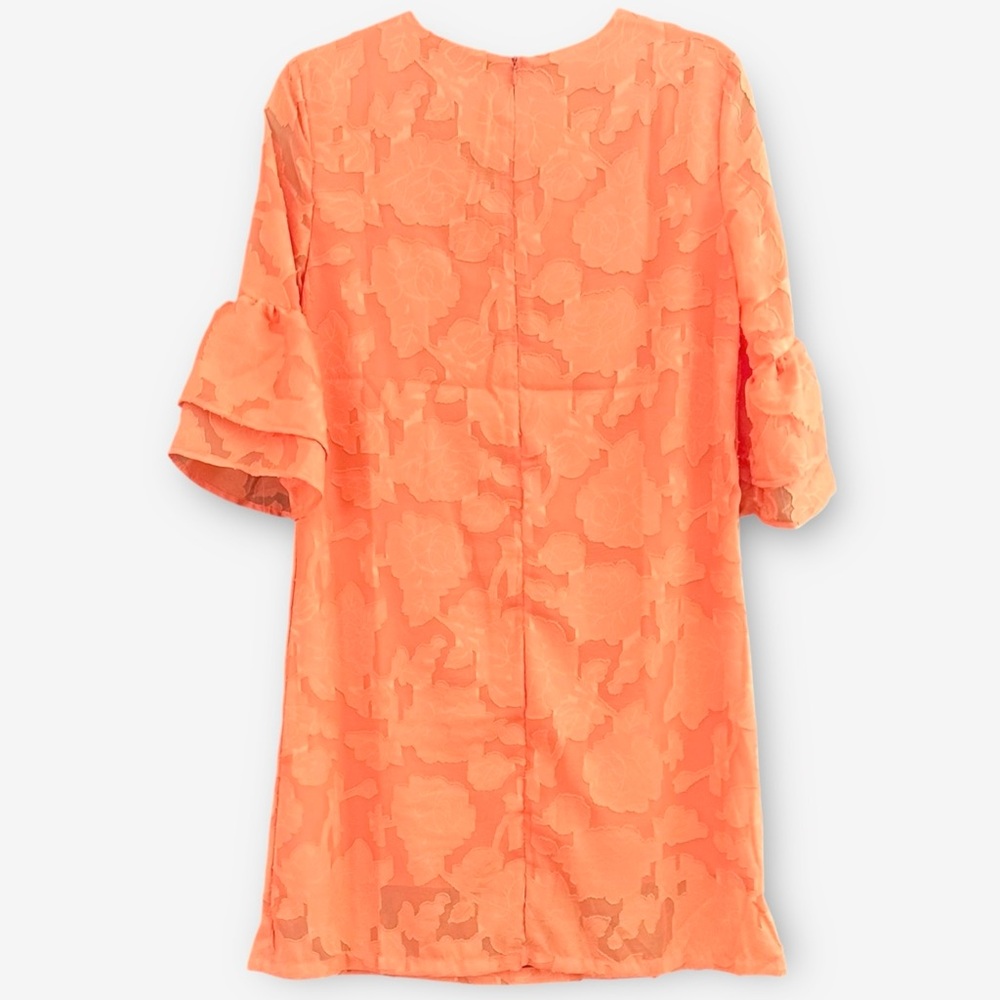 🌴 🆕  BELONGSCI Shift Design Dress V-Neck 3/4 Bell Sleeve. Orange. Size M.  NWT. - Picture 3 of 10
